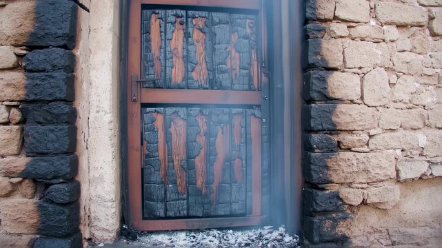 A charred door within stone walls, smoke drifts. Burned wood panels, damage visible