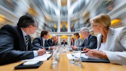 Boardroom dynamics: A focused conference table is filled with business professional from different background in a high-stakes meeting.