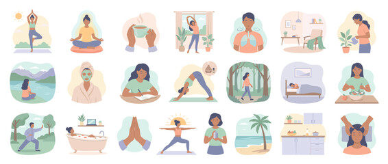 Wellness and self-care icon set. containing yoga, meditation, relaxation, self-care, fitness, nature, and more. Vector collection