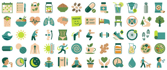 Health and fitness icon set. including yoga, heart, exercise, nutrition, wellness, mindfulness, hydration, mental health. Vector collection