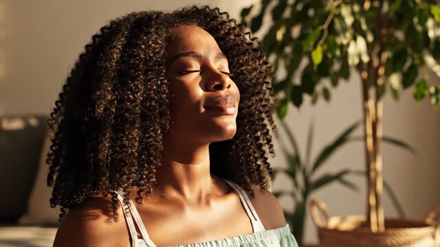 Young black woman with curly hair meditating or relaxing with eyes closed in warm sunlight near a houseplant indoors