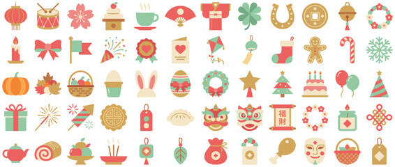 Festive and celebration icons set. including drum, cupcake, tea, fan, kimono, clover, lanterns, bell, ribbon, and more. Vector collection