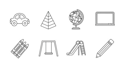 Educational outline icons featuring school supplies and activities in linear style