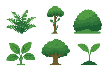 Fototapeta premium Various greenery illustrations: ferns, trees, shrubs, and saplings with gradient background
