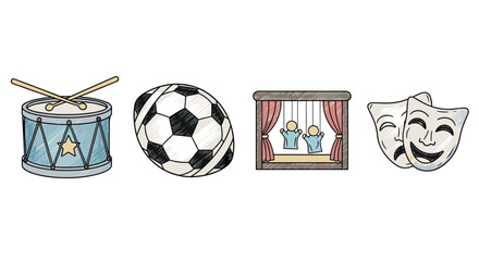 Colorful doodle icons of drum, soccer ball, puppet show, and comedy tragedy masks
