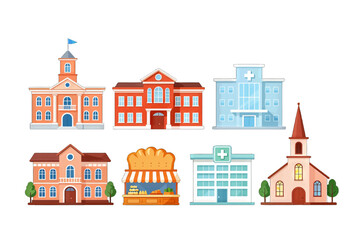 Naklejka premium Set of flat design buildings including a town hall, school, hospital, bakery, clinic, and church