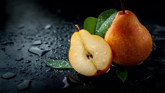 A closeup of a ripe pear with water droplets on it, set against a dark, textured background. The pear is the main subject.