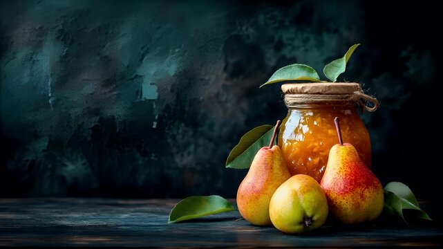 A still life photograph featuring a jar of pear jam with fresh pears on a dark wooden surface. The background is a rustic, textured wall with a dark, moody color palette. The pears.