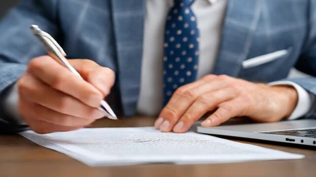 The Pen's Precision: An executive's poised hand guides a pen, leaving its mark on a crisp document, symbolizing contracts, negotiations and pivotal decisions.