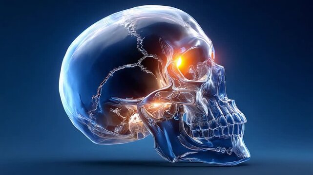 Anatomical Marvel: A close-up, illuminated view of a human skull, showcasing intricate details. Highlighting the complexity of human structure. 