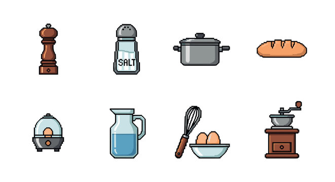 Pixel art kitchen essentials: culinary tools and ingredients for cooking