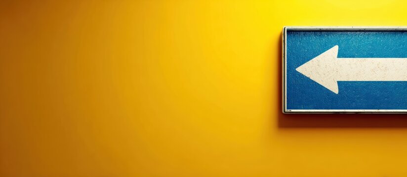Blue directional arrow sign pointing left on a yellow wall.
