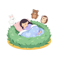 Sleeping girl on grassy patch with teddy bear and animals