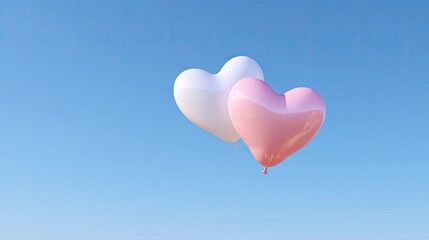 Fototapeta premium Heart-shaped balloons floating gently in a clear blue sky, symbolizing love, joy, and celebration, perfect for weddings, parties, and romantic occasions.