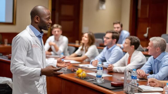 Scientific Discourse: A moment of insightful exchange during a lecture, with a man in a lab coat engaging the audience in a focused discussion.