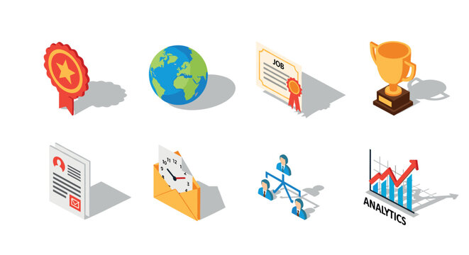 Isometric icon set with award, globe, job certificate, trophy, and business analytics