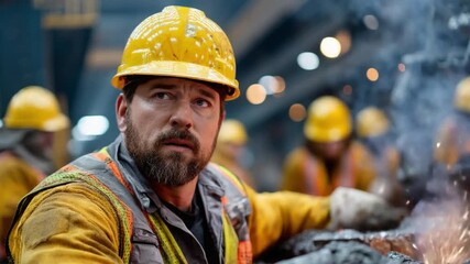 Steelworker's Focus: A steelworker in a high-visibility vest and hard hat intently examines his task, surrounded by sparks in an industrial setting.