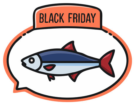 Black Friday sale icon with a fish inside a speech bubble. Vector illustration for shopping deals and advertising.