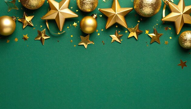 Golden Christmas Stars and Baubles Festive Border on Green Background.