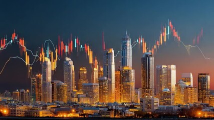 Financial District Skyline at Dusk: A vibrant city skyline, a symbol of growth and investment, with financial data charts overlaid against the backdrop of skyscrapers under a twilight sky. - Powered by Adobe