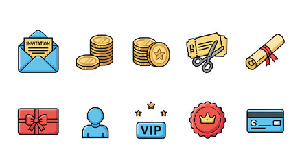 Colorful icons set: invitations, coins, tickets, and more