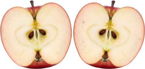Two halves of red apple showing core and seeds isolated on white background perfect for education materials school lunch ideas and autumn harvest fruit pie recipe illustrations.