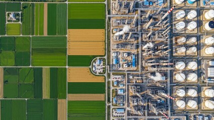 Aerial View of Green Farmland and Industrial Facility Contrast