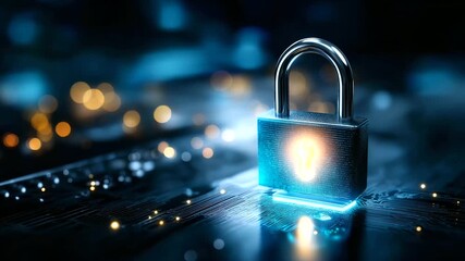 Digital glowing blue lock icon closeup, defocused circuit patterns, cybersecurity concept, data protection technology, encryption visualization, privacy security system, digital sa - Powered by Adobe