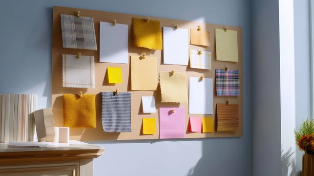 Colorful collection of pinned notes and paper on a bulletin board against a sunlight wall in a bright, creative workspace for artistic inspiration and planning