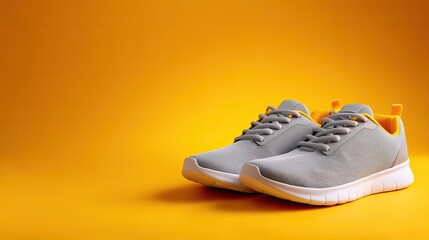Naklejka premium Stylish Grey Athletic Shoes with Bright Yellow Accents for Fashionable Casual Wear on a Vibrant Yellow Background