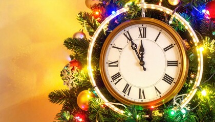 Festive Christmas tree with antique clock nearing midnight surrounded by glowing lights and ornaments.