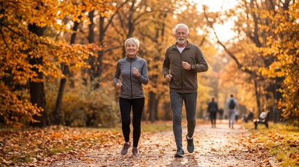 Obraz premium Active elderly man and woman running outdoors. Promoting bone health and vitality. Concept for medical wellness.