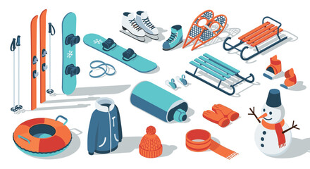Winter sports and activities equipment in modern isometric style