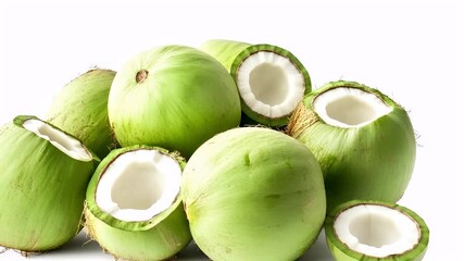 A closeup view of a pile of green coconuts against a white background. The style is straightforward and unembellished, focusing on the natural texture and color of the coconut.