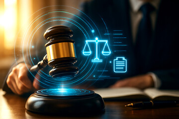 Digital Justice Gavel with Futuristic Law Icons, Generative AI
