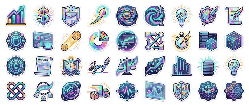 Finance and technology icons set. containing graph, money, shield, target, light bulb, gears, scales, blockchain and more. Vector collection