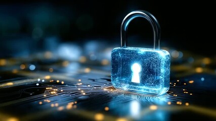 Digital glowing blue lock icon closeup, defocused circuit patterns, cybersecurity concept, data protection technology, encryption visualization, privacy security system, digital sa - Powered by Adobe