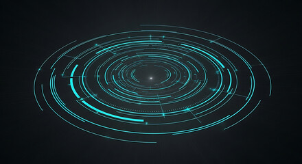 Futuristic HUD user interface background with glowing teal digital concentric circles and data elements.