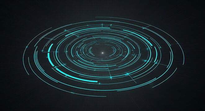 Futuristic HUD user interface background with glowing teal digital concentric circles and data elements.
