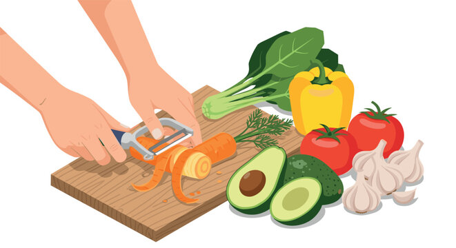 Hand peeling carrot with fresh vegetables on cutting board in flat style - Powered by Adobe