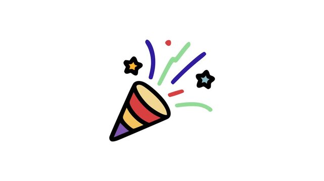 Festive party popper explosion animation featuring bright multicolor confetti streams