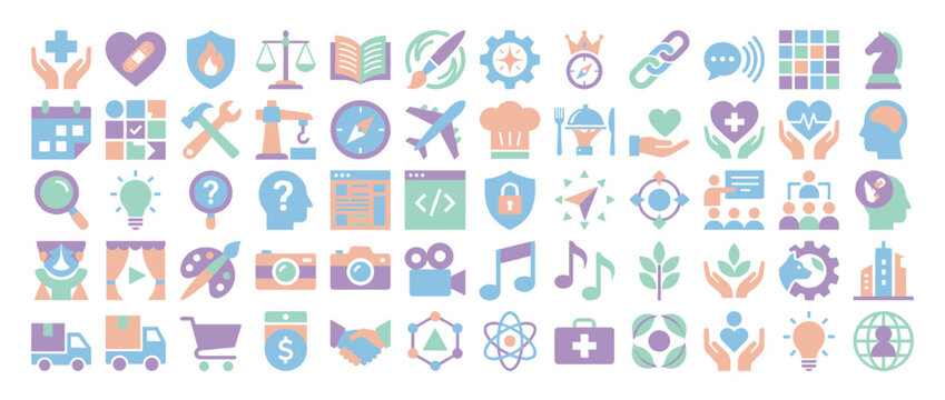 Comprehensive icon set: containing health, book, leaf, link, gear, calendar, airplane, music, cart, shield and more. Vector collection
