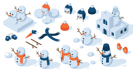 Charming winter snowman set with accessories in isometric style