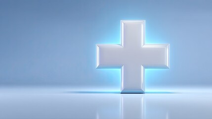 Obraz premium Modern medical cross symbol with glowing effect in a clean and bright environment, representing healthcare and wellness concepts creatively