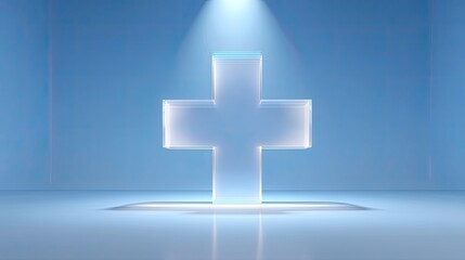 Obraz premium Transparent cross symbol under spotlight on blue background representing healthcare, medical services, and wellness concepts in modern design