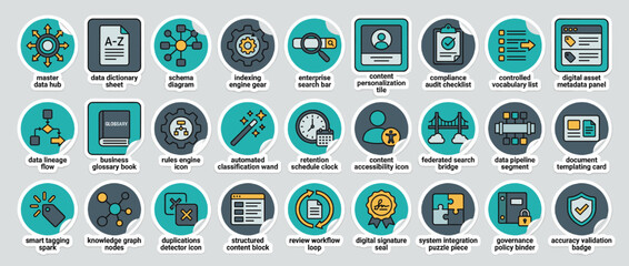 Data management icon set. master data, content access, schema, metadata, glossary, and more. Vector collection