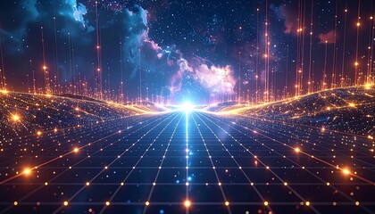 Futuristic Digital Landscape with Glowing Grid and Cosmic Sky.