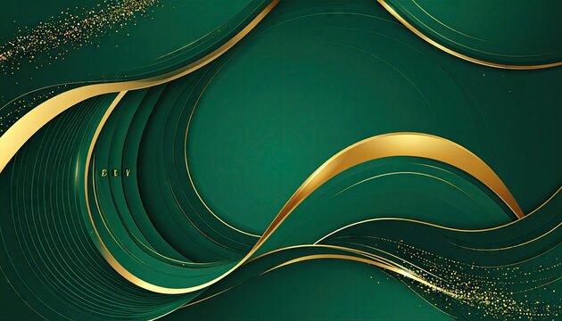 Elegant abstract background with flowing emerald green and gold waves and subtle textures.