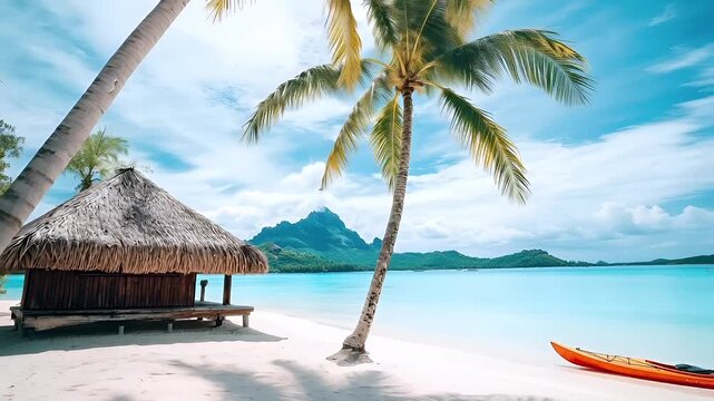 Aerial view of tropical beach with palm trees and thatched hut under blue sky with cloudstropical beach with thatched roof hut and palm treestropical paradise with palm tree and thatch hut.