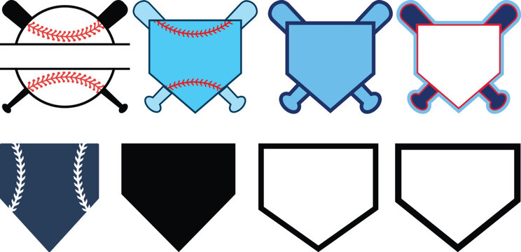 outline silhouette home plate baseball icon set isolated on white background.Vector art of a collection of baseball home base icons with crossed bats isolated on white background